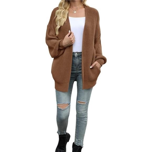 Womens Oversized Long Sleeve Open Front Cardigan Sweaters Brown - Picture 3 of 6